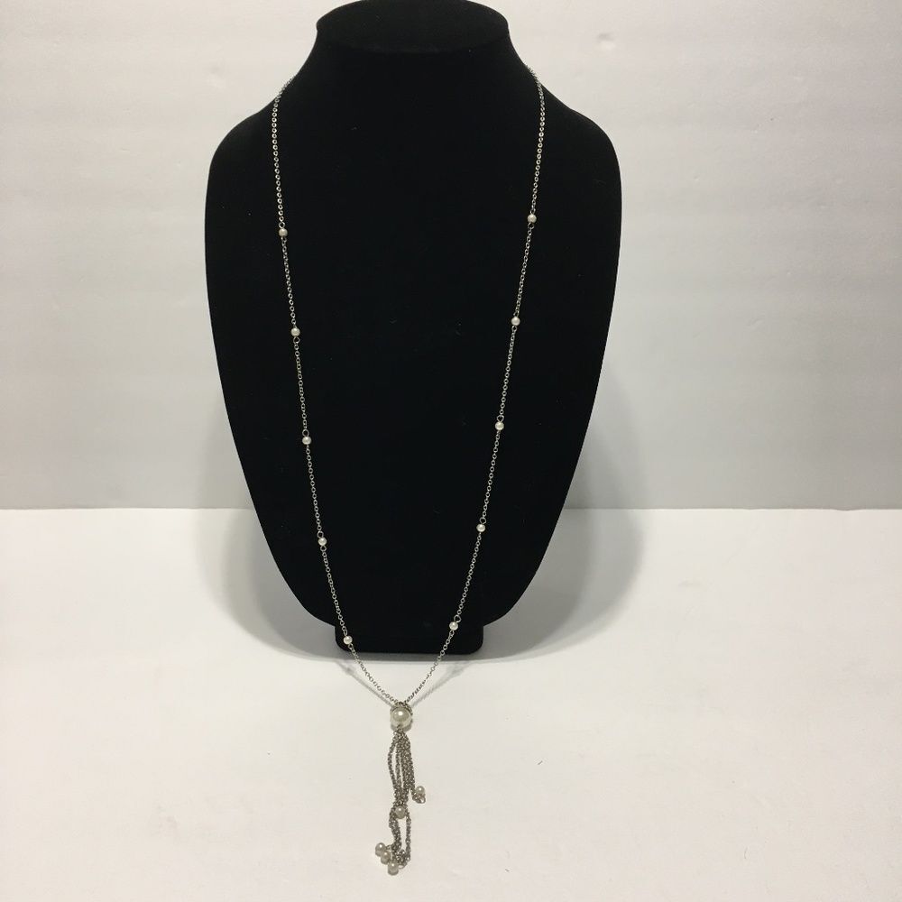 Rachel Roy Long Silver pearl tassel necklace